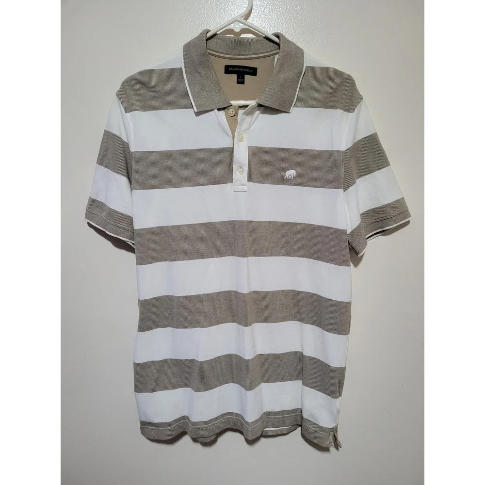 Banana Republic‎ Polo Shirt Mens Large Khaki White Striped Elephant Logo